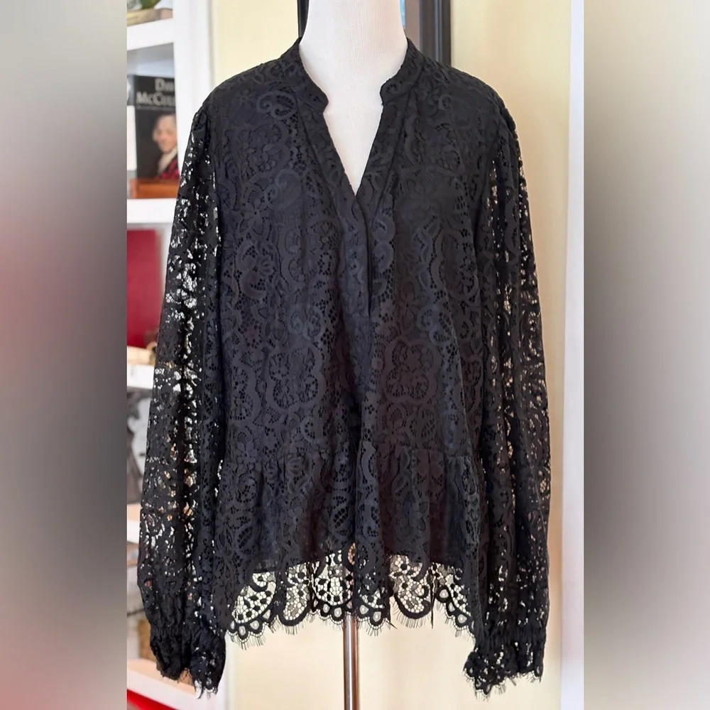 Lilly Pulitzer Blouse Black Lace Jacelynne Peplum Ruffle Hem SZ XL Plus Size - Picture 7 of 13